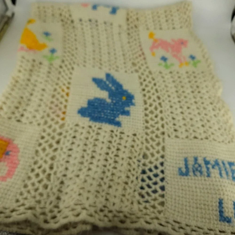 Crocheted Afghan Blanket Baby Infant Homemade White Boy Girl Animal Squares 58